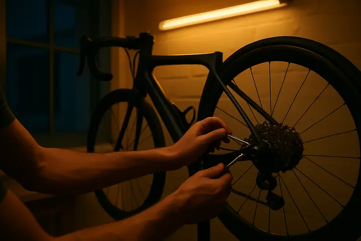 Des mains qui règlent le dérailleur arrière d'un vélo de route
