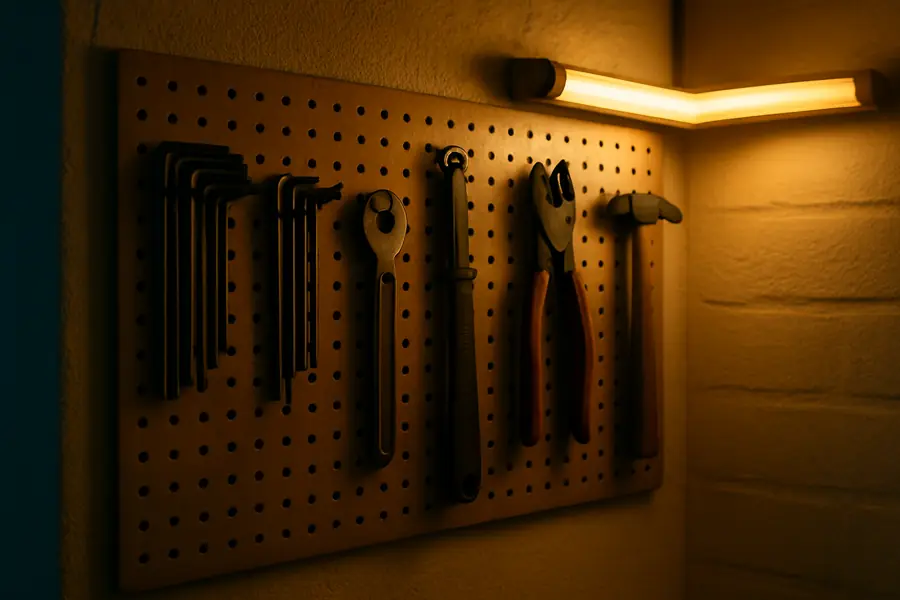 Le panneau à outils de l'atelier, sous la lampe
