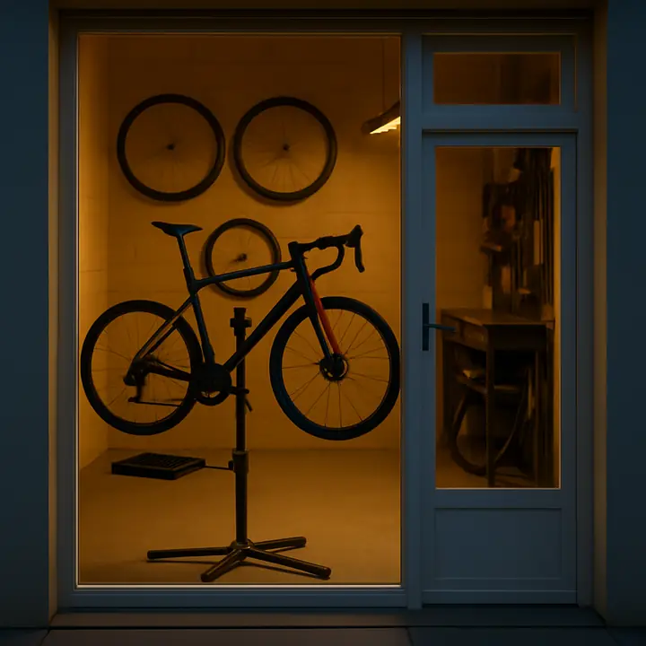 Un vélo dans la vitrine, près de la porte de la boutique