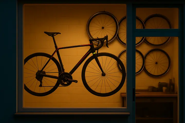 Un vélo de route suspendu dans la vitrine éclairée