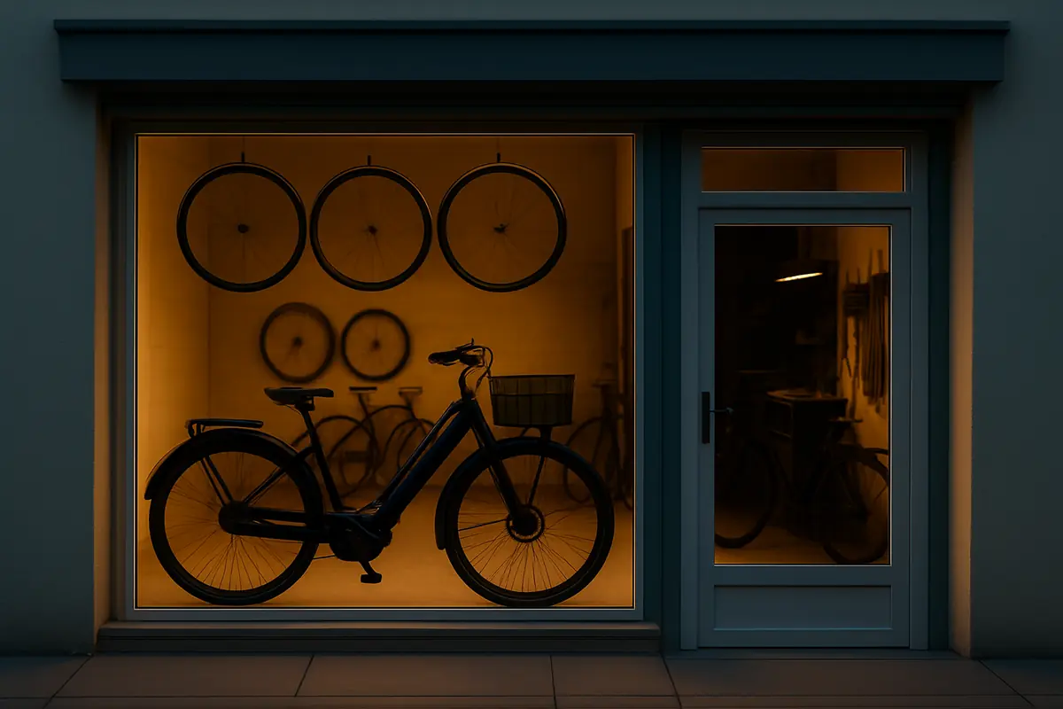 Un vélo électrique de ville dans la vitrine, les roues au mur